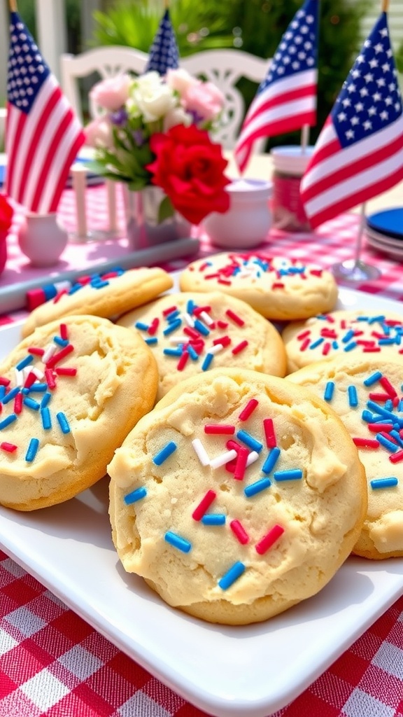 Plate of festive red, white, and blue cookies for 4th of July, with decorations and flags.